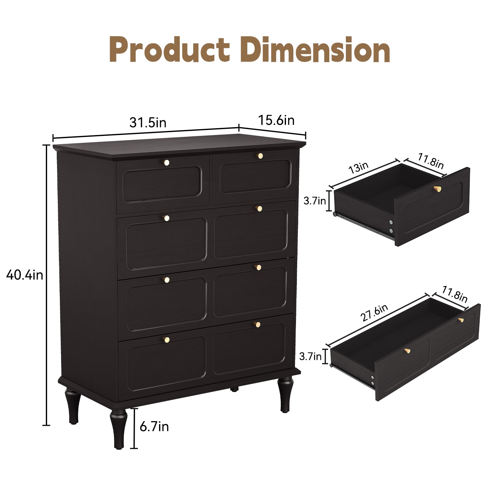 CBJCBJ 31.5" 5 Drawers Dressers, Large Floor Mid-Century Chest of Drawers for Bedroom, Hallway, Black