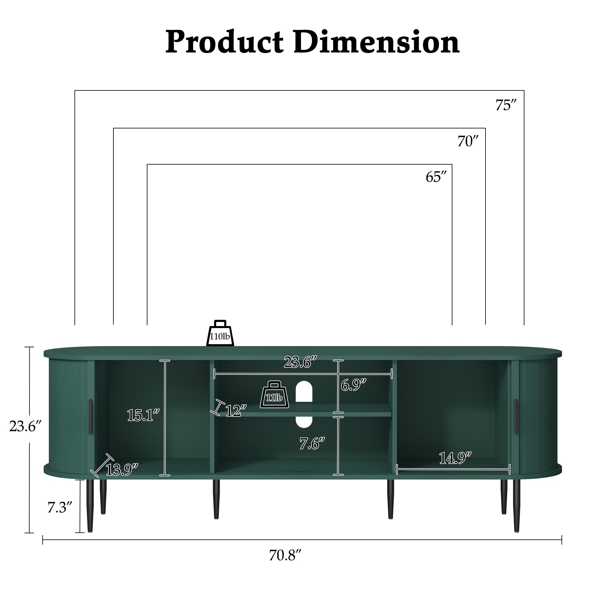HLR 70" Modern Tambour Door TV Stand up to 80" TVs, Entertainment Center with Storage, Fluted Television Consoles for Living Room,Green