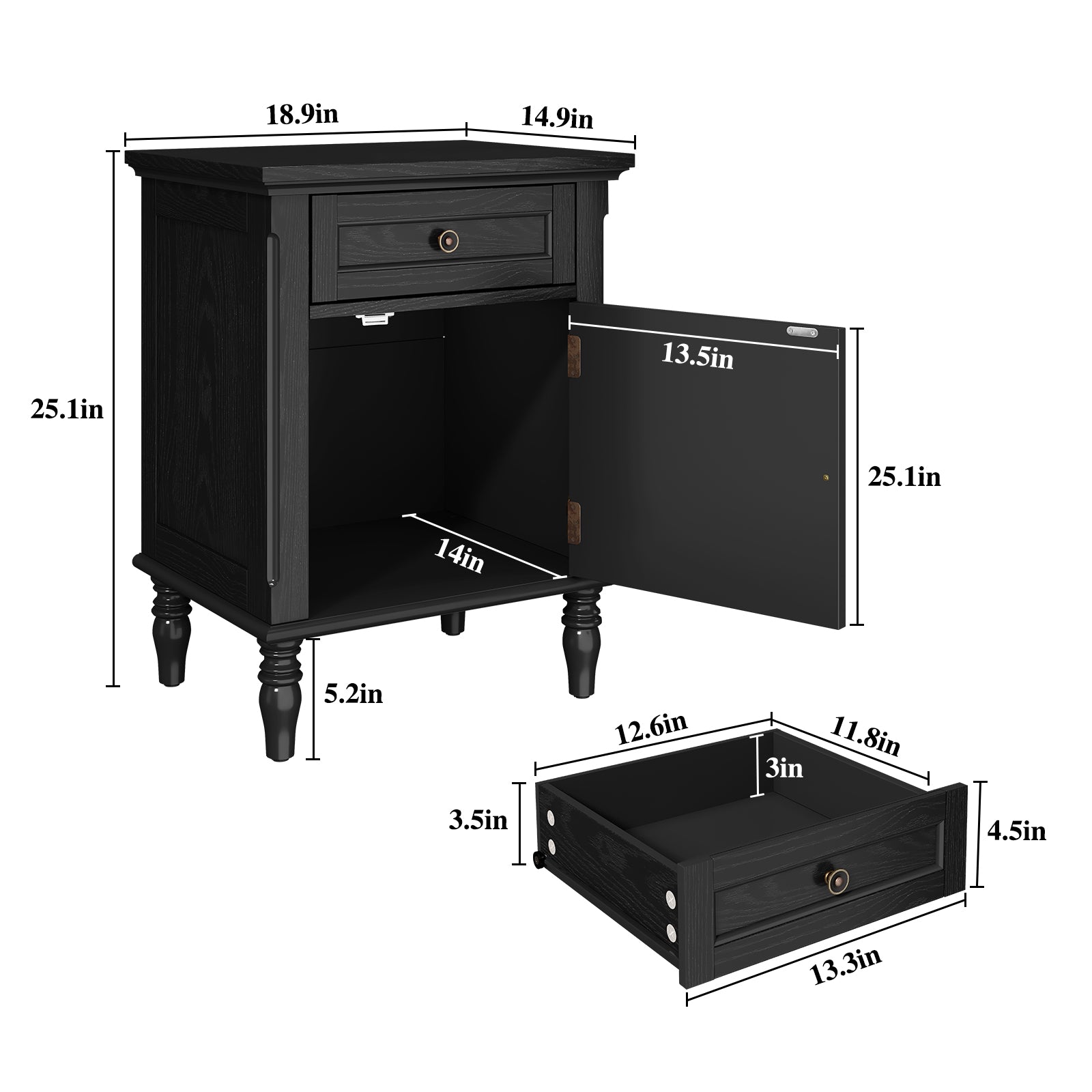 HLR® 25"H Nightstands Set of 2, Modern Retro Bedside Table with Drawer, End Table for Bedroom