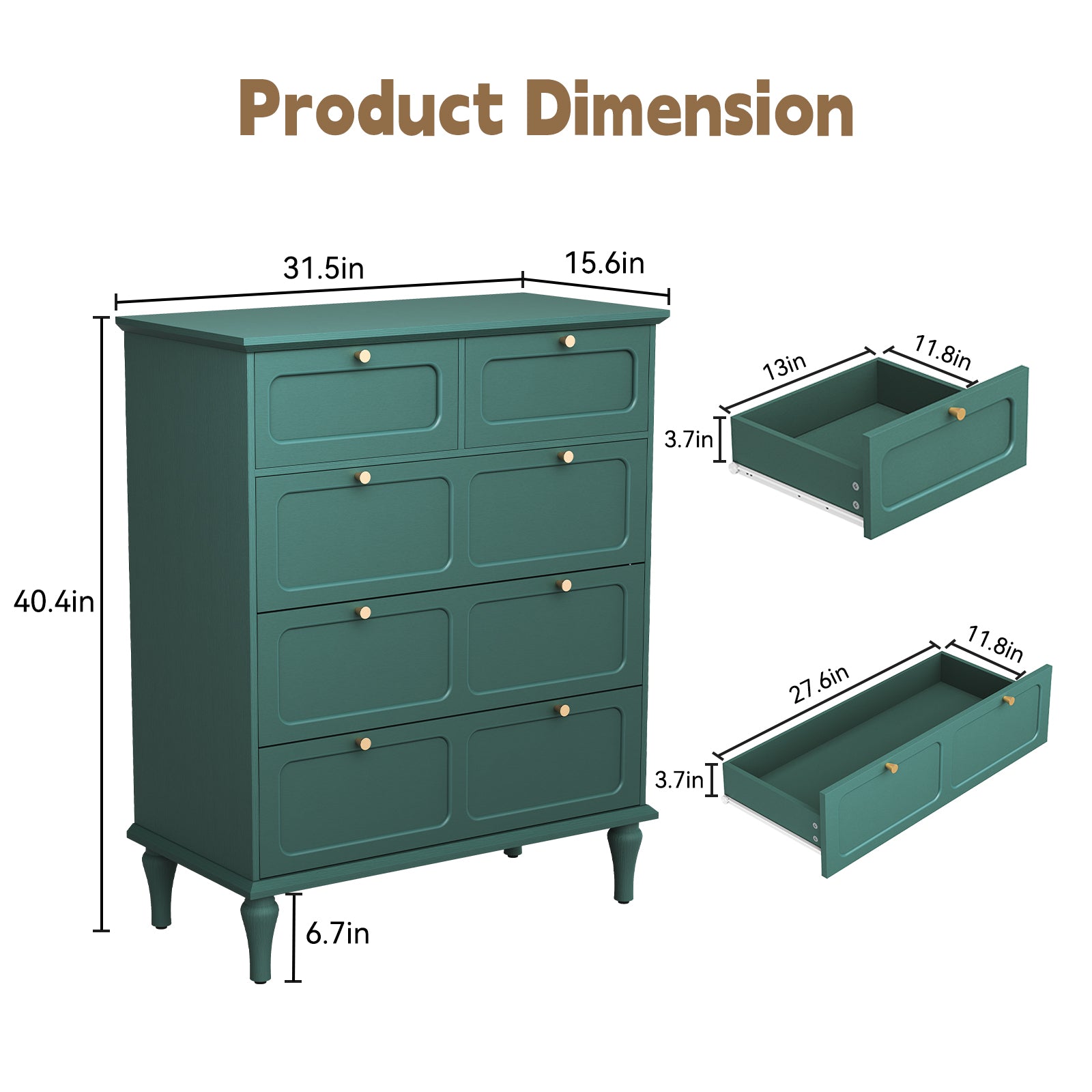 CBJCBJ 31.5" 5 Drawers Dressers, Large Floor Mid-Century Chest of Drawers for Bedroom, Hallway, Green