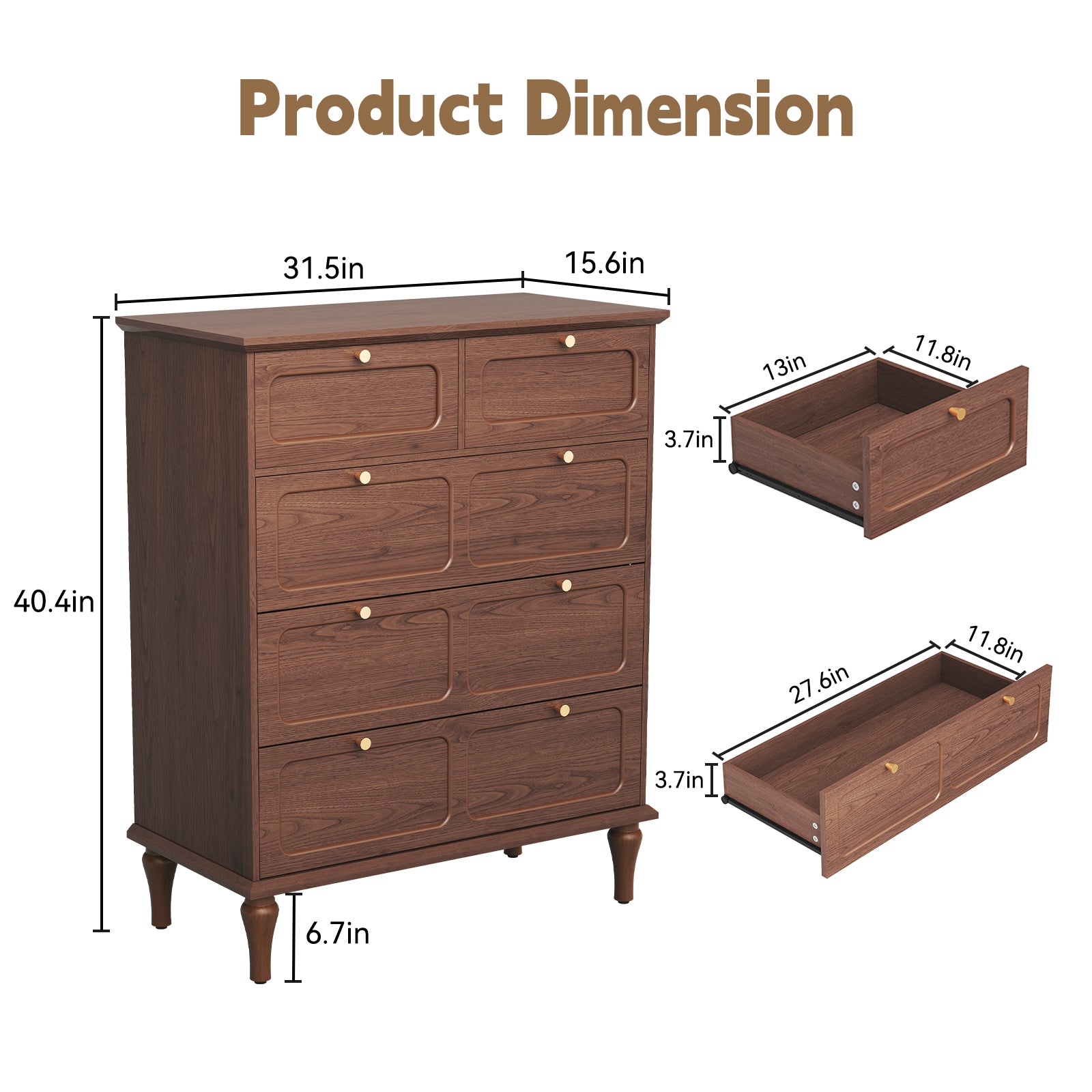 CBJCBJ 31.5" 5 Drawers Dressers, Large Floor Mid-Century Chest of Drawers for Bedroom, Hallway, Brown