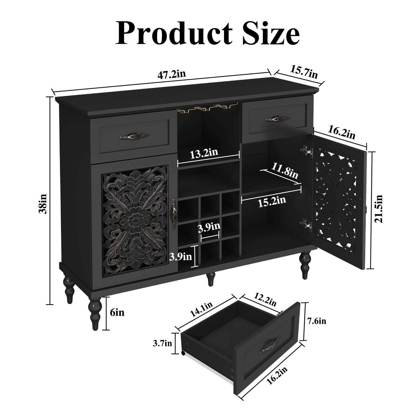 CBJCBJ 47" Wine Bar Cabinet with wine glass holder, Retro Coffee Bar Cabinet with Storage, for Dining Room