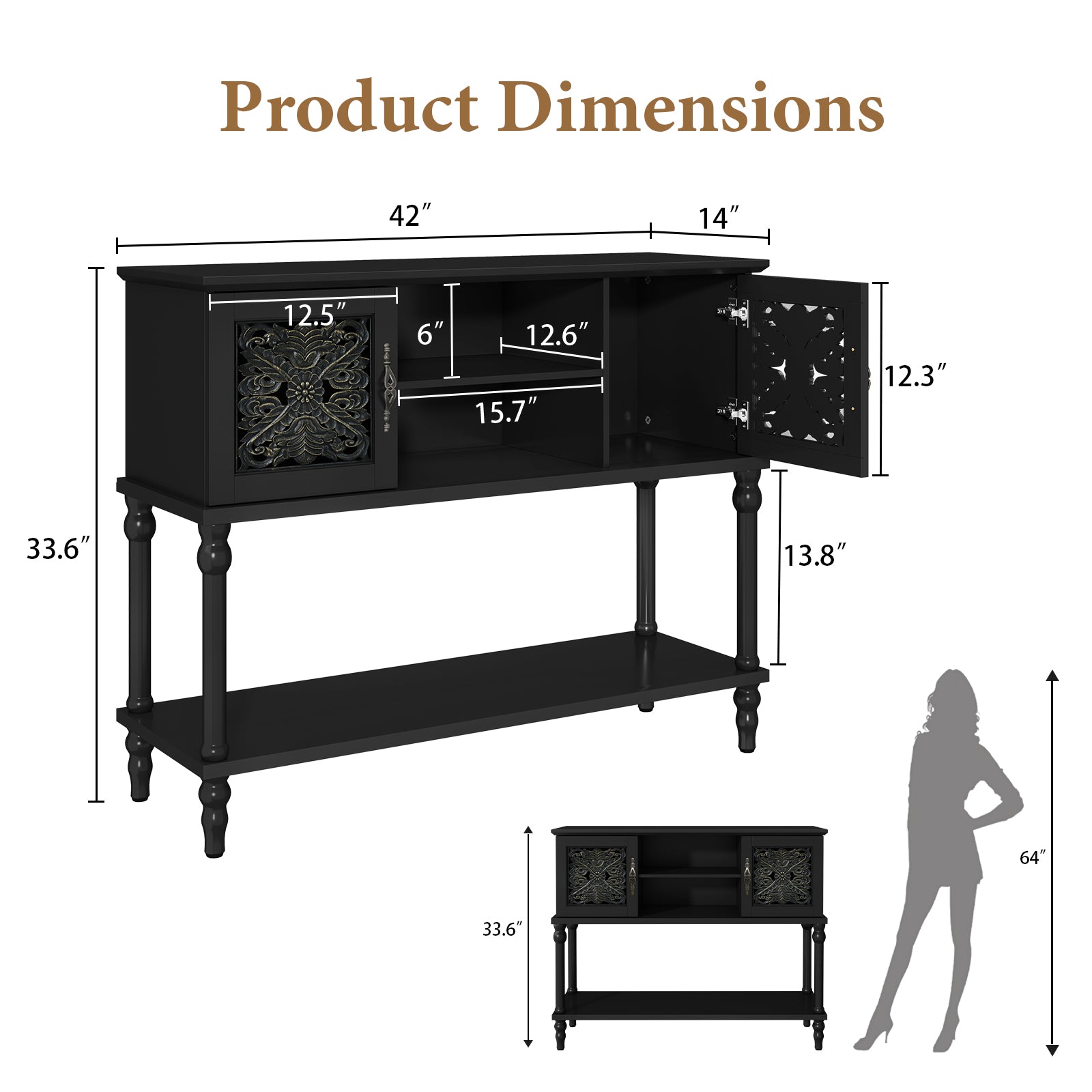 CBJCBJ 42'' Modern Retro Console Table, Entryway Table with Open Storage Shelf , for Living Room,Black
