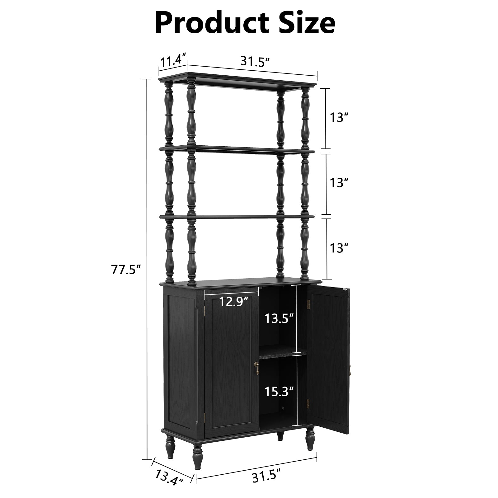 CBJCBJ 77.5" Retro Bookcase with Storage Cabinet and Removable Display Shelf, Suitable for Living Room, Study Room,Black