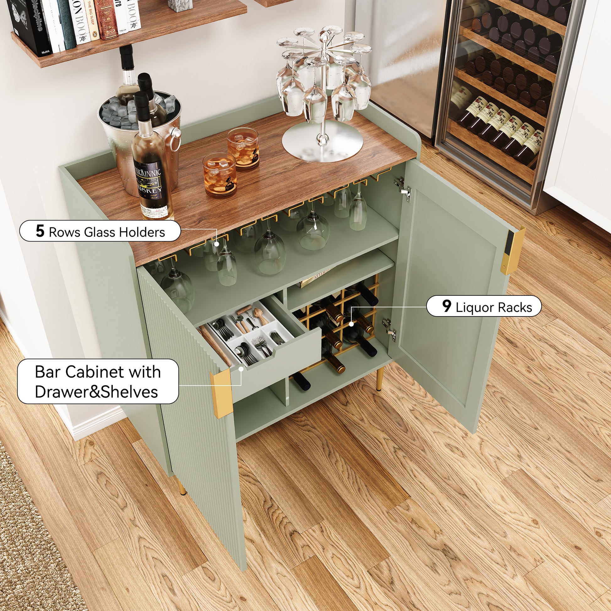 HLR 32"W Wine Bar Cabinet with 2 Door Fluted Texture, Modern Coffee Cabinet with Rack&Glass Holder,Sage Green