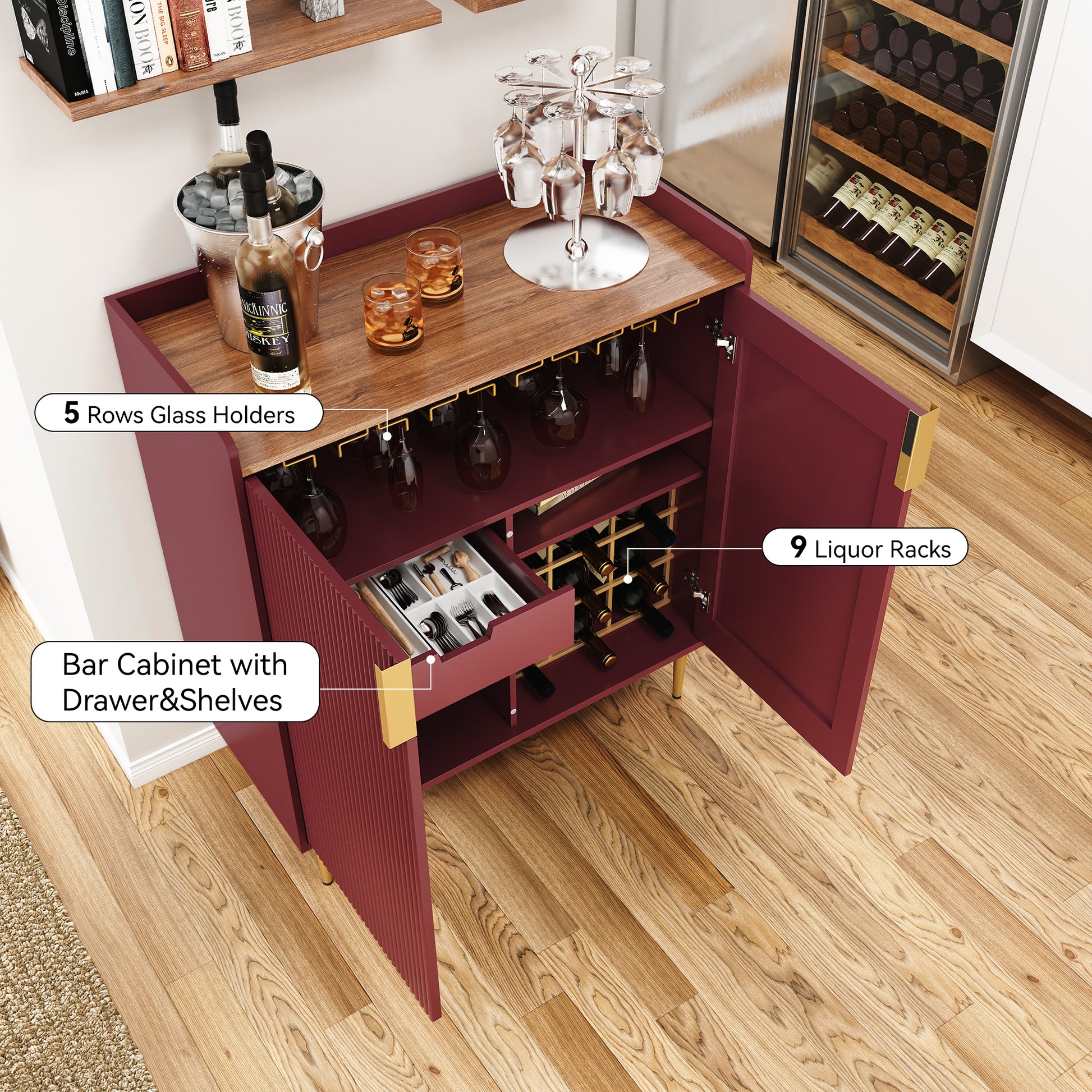 HLR 32"W Wine Bar Cabinet with 2 Door Fluted Texture, Modern Coffee Cabinet with Rack&Glass Holder,Red