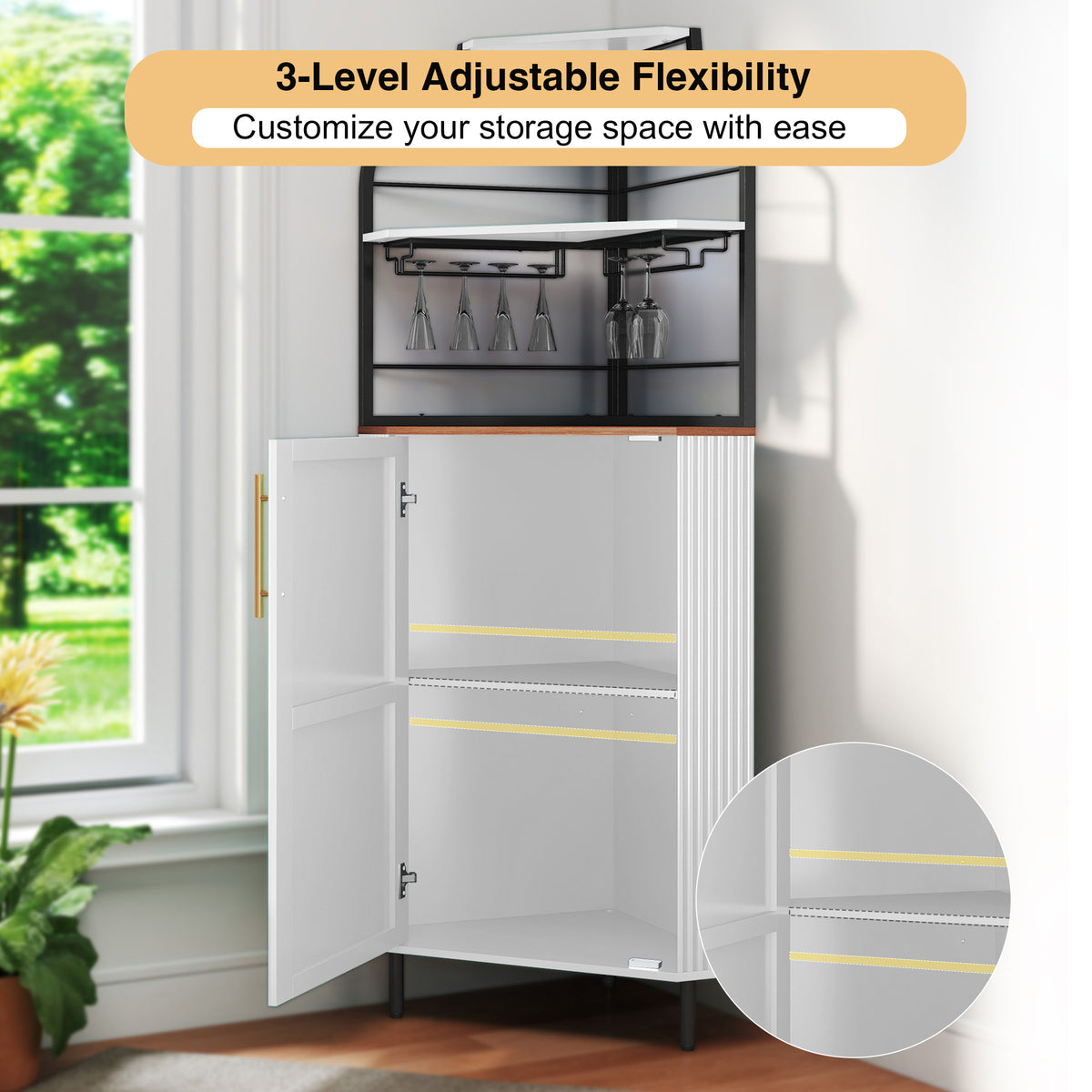 HLR Corner Coffee Bar Cabinet with LED Strip, 4-Tiers Modern Tall Liquor Cabinet with Wine Rack for Dining Room, White