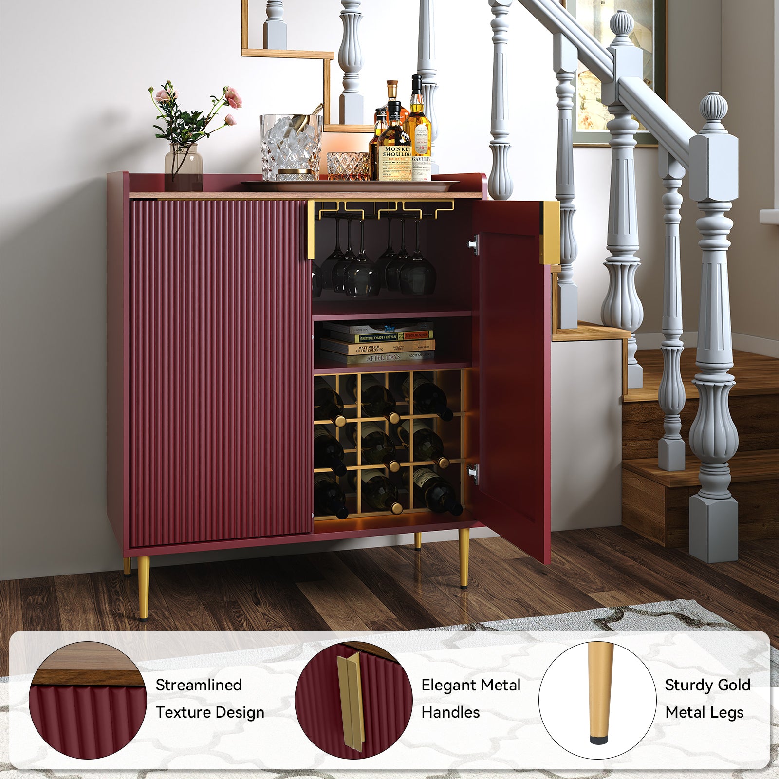 HLR 32"W Wine Bar Cabinet with 2 Door Fluted Texture, Modern Coffee Cabinet with Rack&Glass Holder,Red