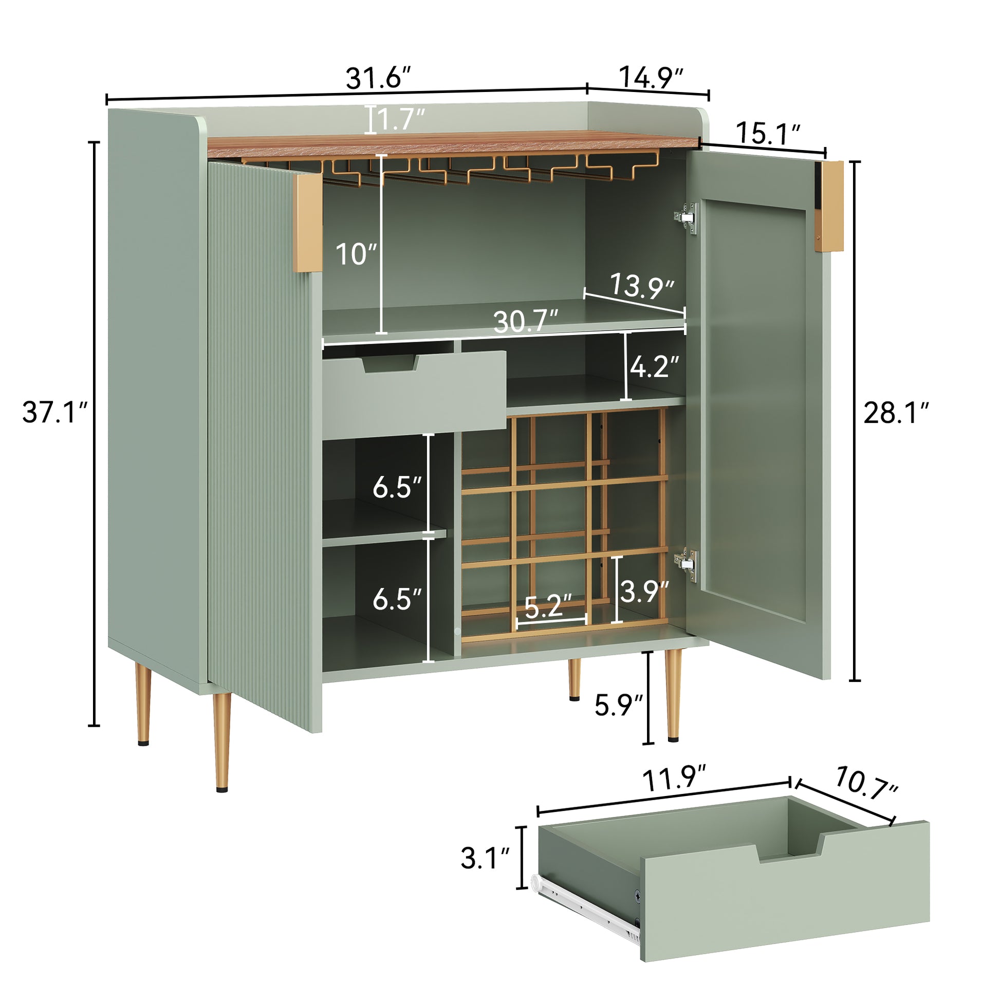 HLR 32"W Wine Bar Cabinet with 2 Door Fluted Texture, Modern Coffee Cabinet with Rack&Glass Holder,Sage Green