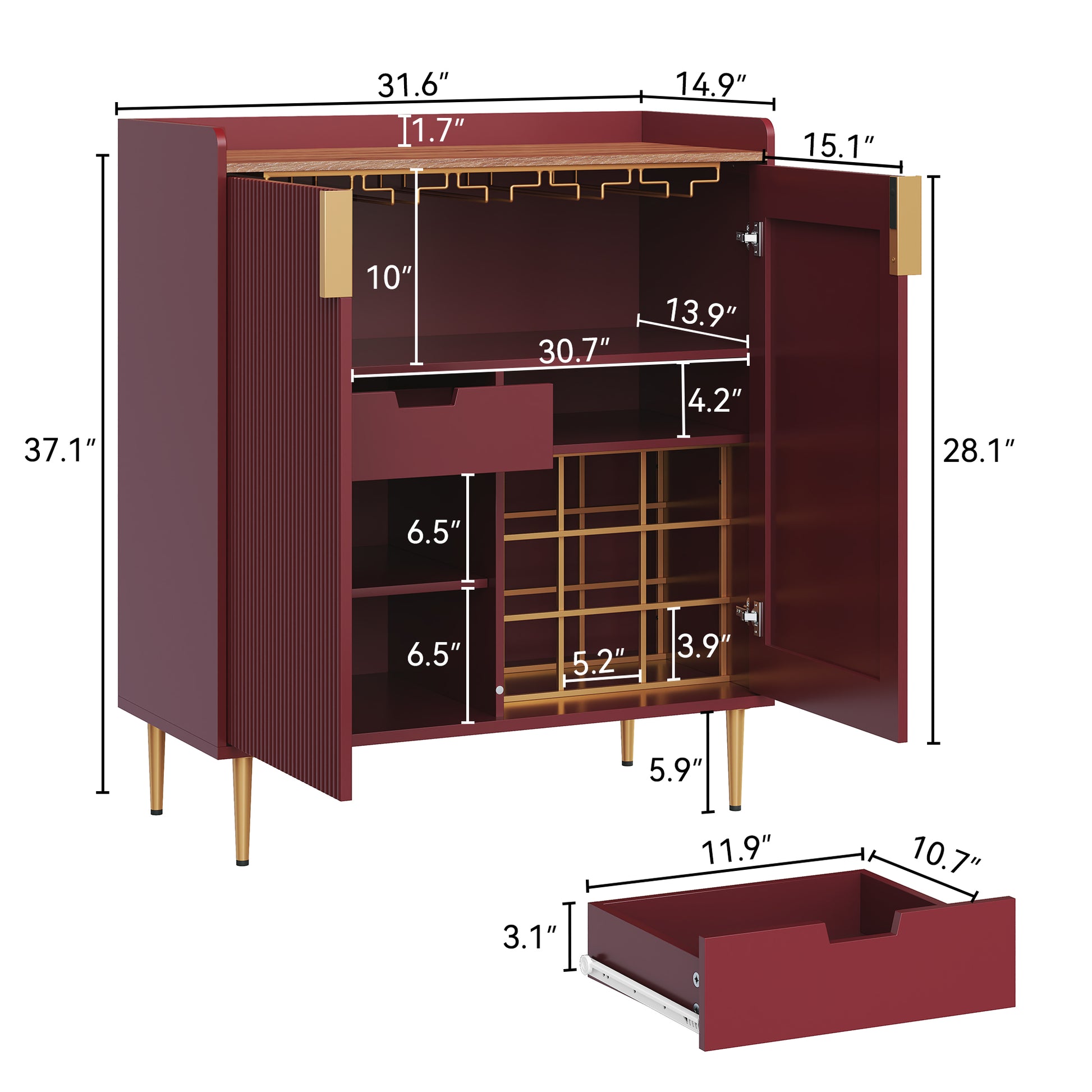 HLR 32"W Wine Bar Cabinet with 2 Door Fluted Texture, Modern Coffee Cabinet with Rack&Glass Holder,Red