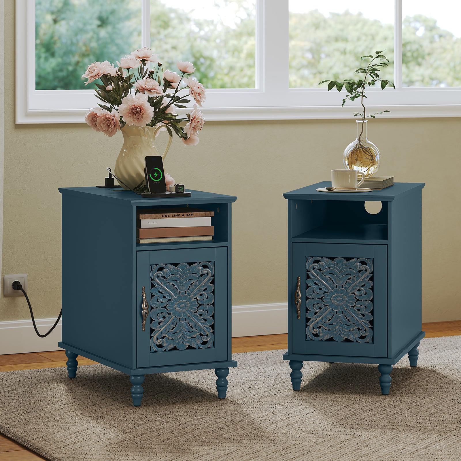 HLR 13.77" Nightstand with Charging Station, Modern Navy Blue End / BedSide Table for Living Room