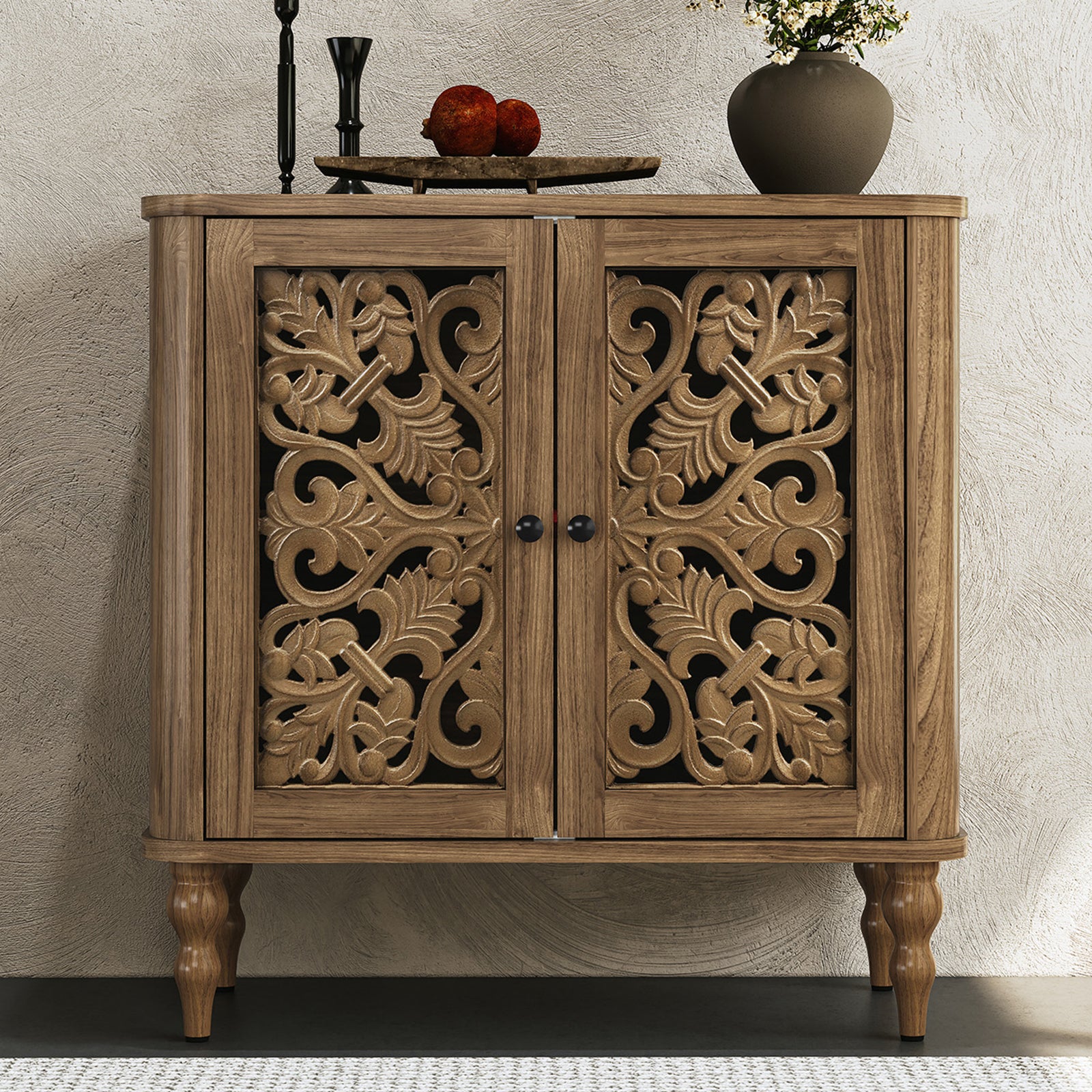 HLR 31.5"W Mid Century Rounded Corners Sideboards Buffets Cabinet with 2 Doors Storage for Kitchen Dining, Brown