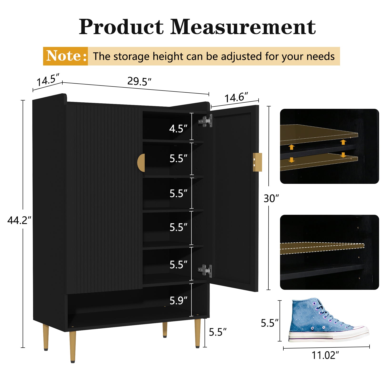 HLR Modern Wooden Shoe Storage Cabinet with 6-Tier Adjustable Shelves, Freestanding Shoe Organizer with Doors for Hallway, Black