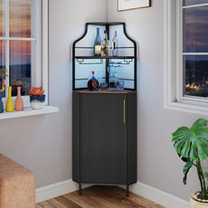 HLR Corner Coffee Bar Cabinet with LED Strip, 4-Tiers Modern Tall Liquor Cabinet with Wine Rack for Dining Room