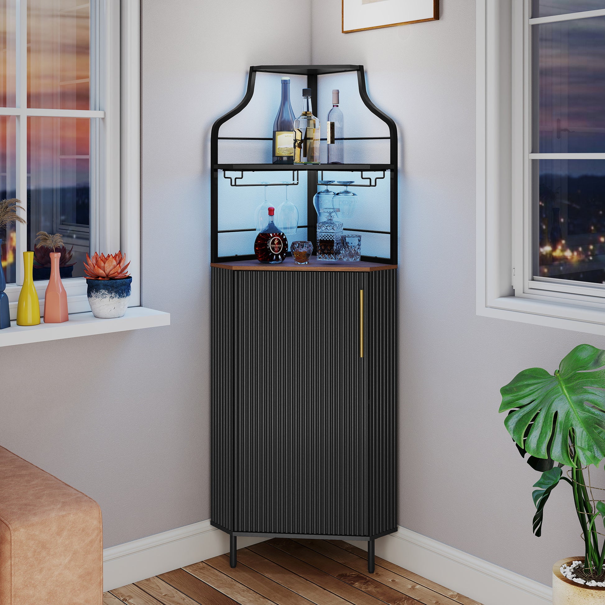 HLR Corner Coffee Bar Cabinet with LED Strip, 4-Tiers Modern Tall Liquor Cabinet with Wine Rack for Dining Room