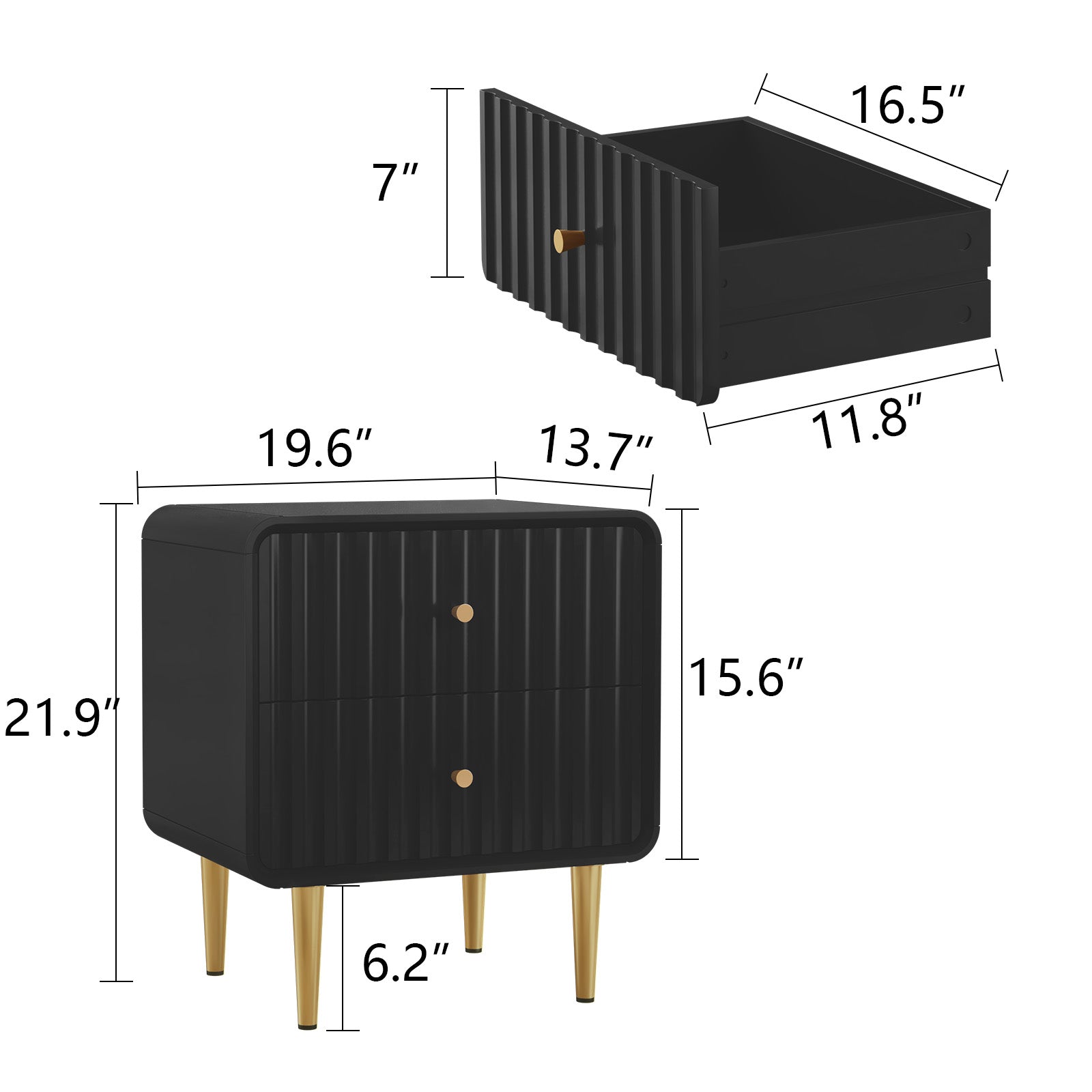 CBJCBJ Modern Bedroom Nightstand Set of 2, 20-Inch Wood Bedside Table with 2 Drawers and Gold Handles, Black