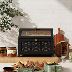 CBJCBJ 15.1" Gold-Trimmed Wooden Bread Box, Double Layer Kitchen Counter Organizer, Vintage Farmhouse Storage,Black