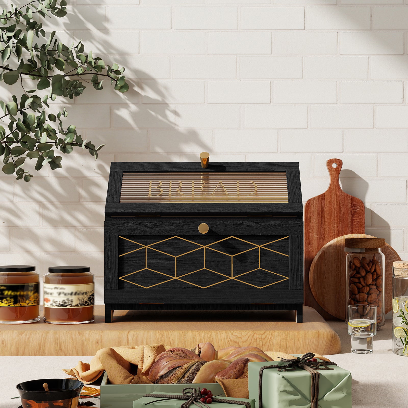 CBJCBJ 15.1" Gold-Trimmed Wooden Bread Box, Double Layer Kitchen Counter Organizer, Vintage Farmhouse Storage,Black