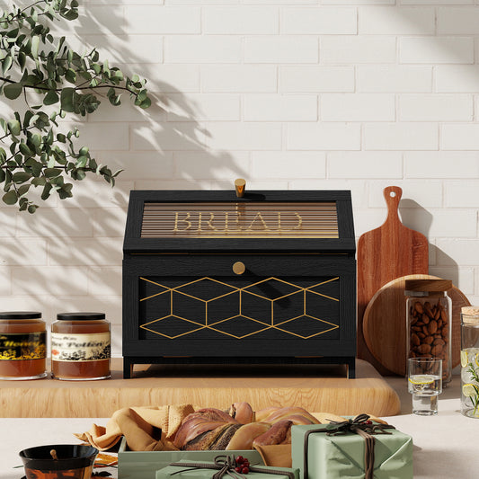 CBJCBJ 15.1" Gold-Trimmed Wooden Bread Box, Double Layer Kitchen Counter Organizer, Vintage Farmhouse Storage,Black