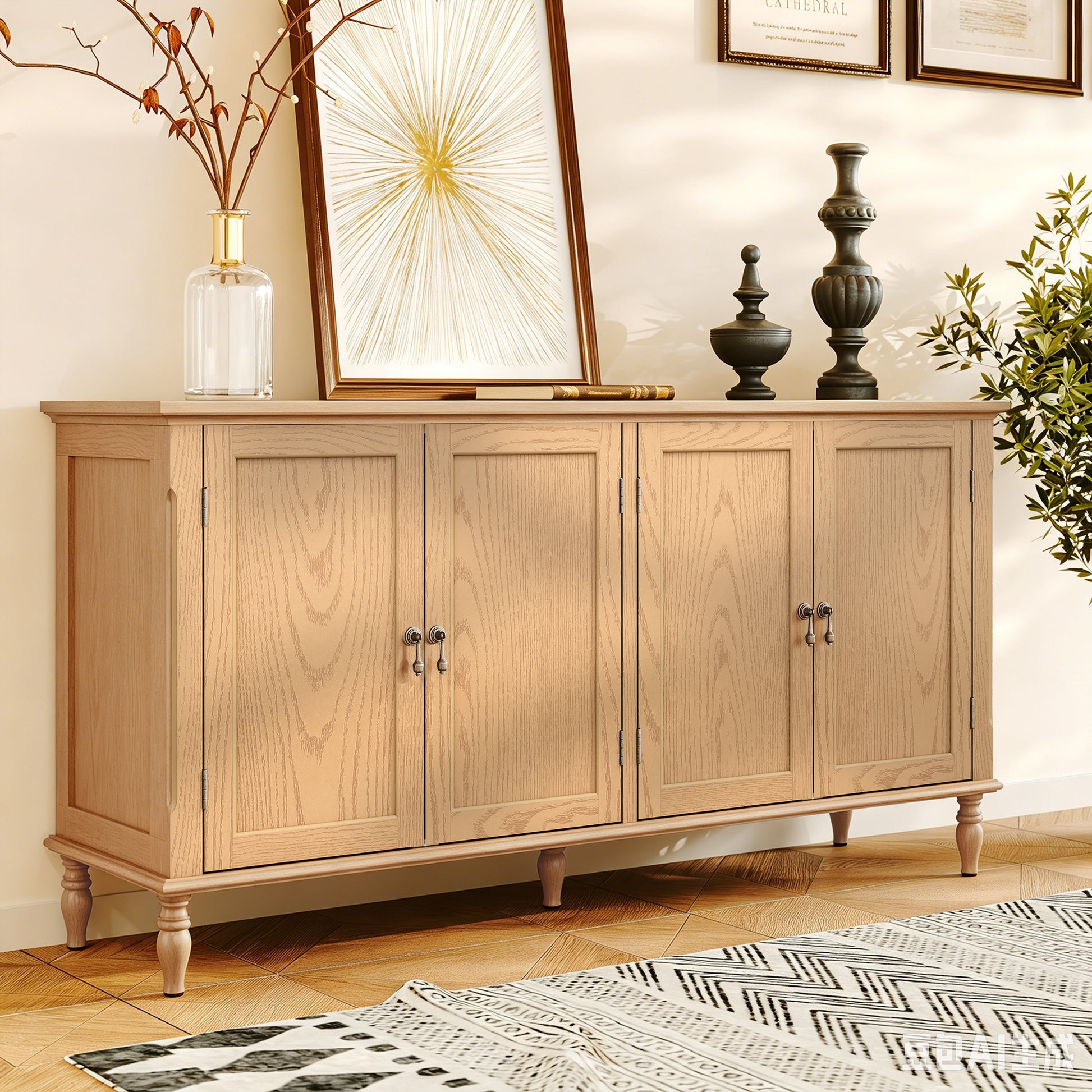 HLR 58'' Large Sideboard Buffet Cabinet with Storage, 4 Doors Modern Credenza Table for Living Room, Wood
