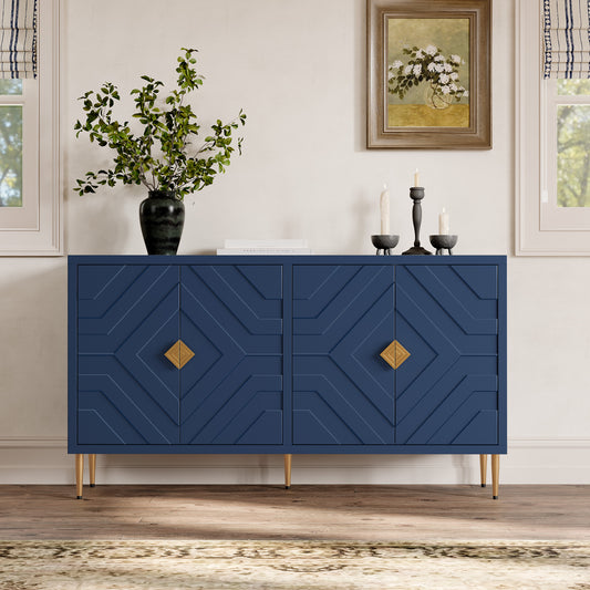 HLR 58" Modern Accent Sideboard Cabinet, 4 Doors, Adjustable Shelves, Fluted Storage Cabinet, Blue