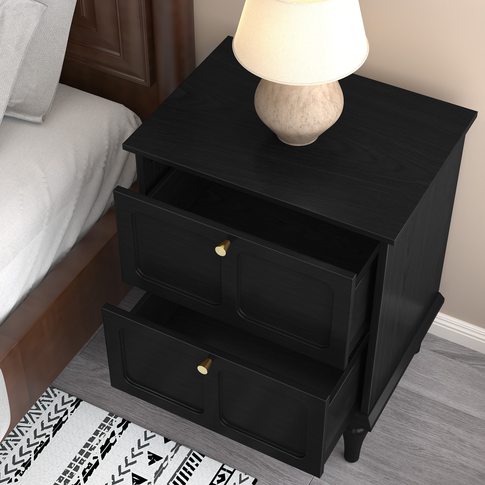 CBJCBJ21" Mid-Century Nightstands Set of 2, Featuring Two Storage Drawers with Metal Handles, Black