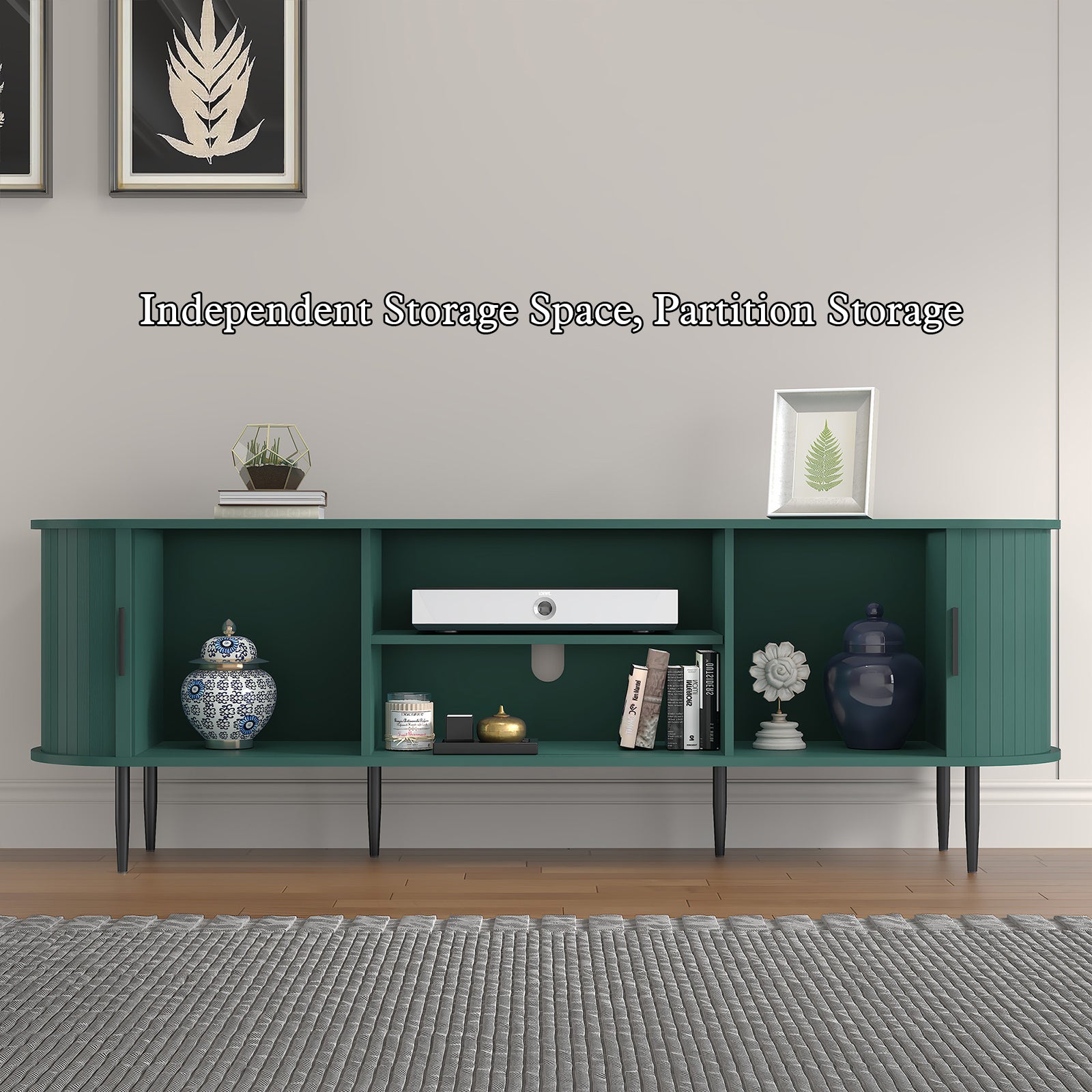 HLR 70" TV Stand for 75" TV, Wood Entertainment Center with Storage and Shelves, 2 Sliding Tambour Doors, Mid-Century Modern, Green