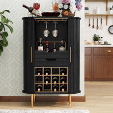 CBJCBJ Bar Cabinet with Tambour Door –Wood Liquor Cabinet 16 with Wine Racks and Glass Holder,Coffee Bar for Home(Black)