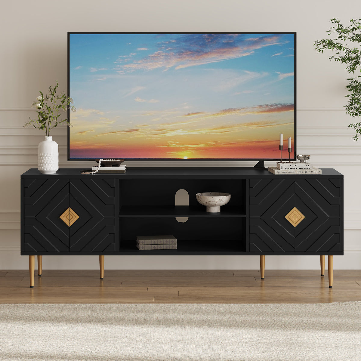 HLR Modern 70" TV Stand, for TVs up to 80", Living Room Entertainment Center with 4 Door Storage Cabinet, Black