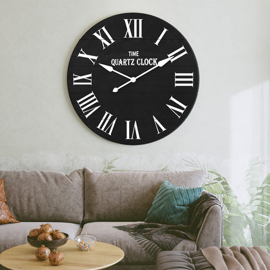 CBJCBJ 35.5” Farmhouse Large Shiplap Round Wall Clock with Roman Numeral for Living Room Decor, Black