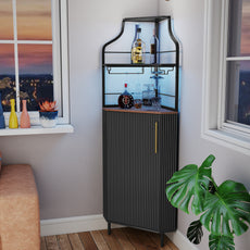 HLR Corner Coffee Bar Cabinet with LED Strip, 4-Tiers Modern Tall Liquor Cabinet with Wine Rack for Dining Room