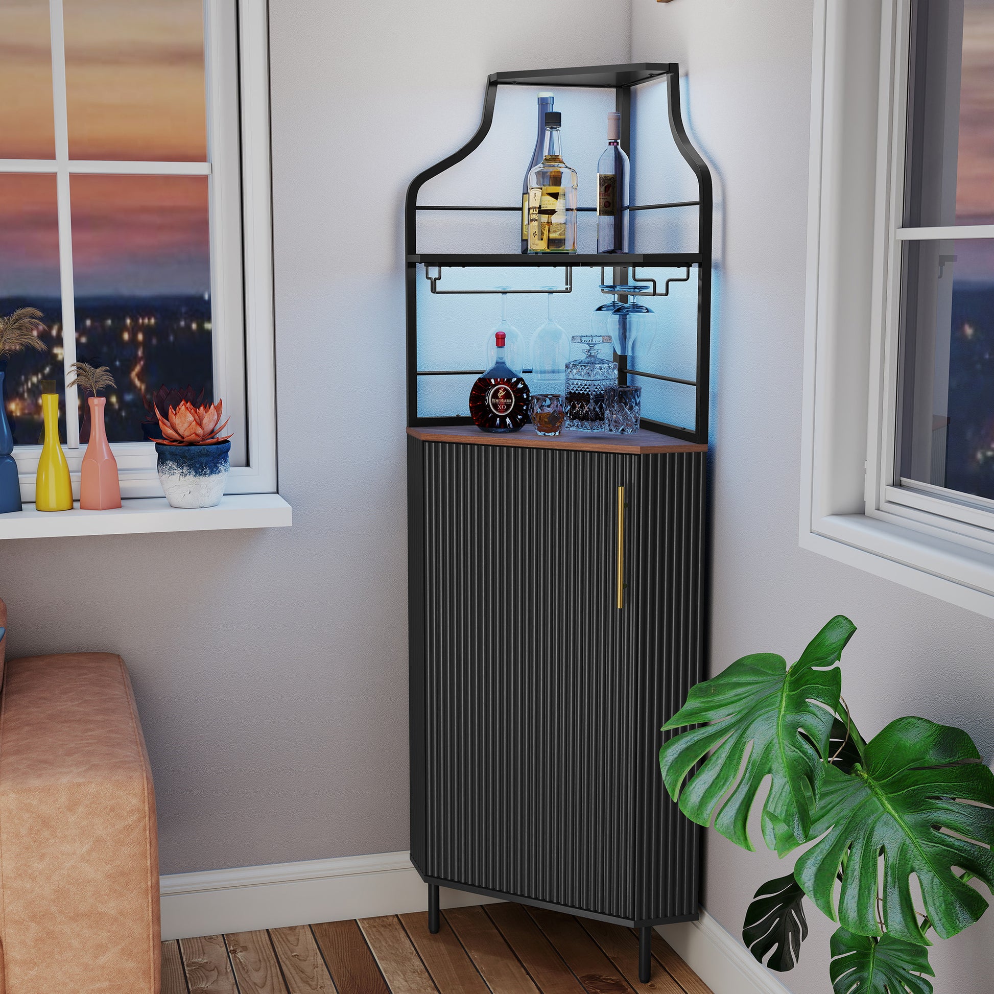 HLR Corner Coffee Bar Cabinet with LED Strip, 4-Tiers Modern Tall Liquor Cabinet with Wine Rack for Dining Room