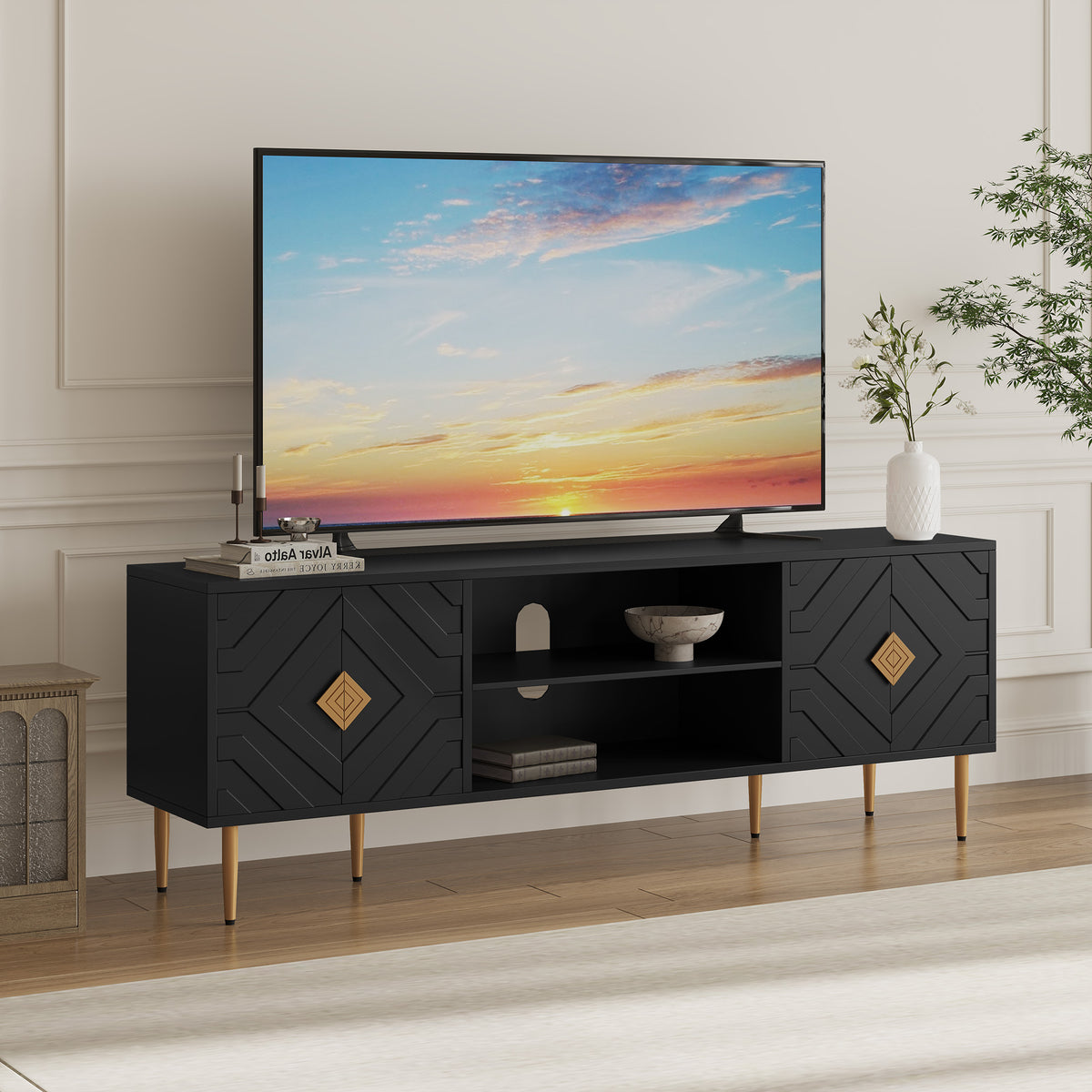 HLR Modern 70" TV Stand, for TVs up to 80", Living Room Entertainment Center with 4 Door Storage Cabinet, Black