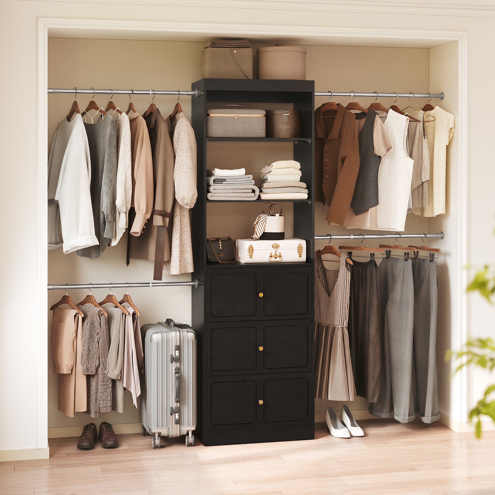 CBJCBJ Wood Closet Organizer System with 3 Drawers, 4 Hanging Rods, Wardrobe Clothes Rack for Bedroom,Black