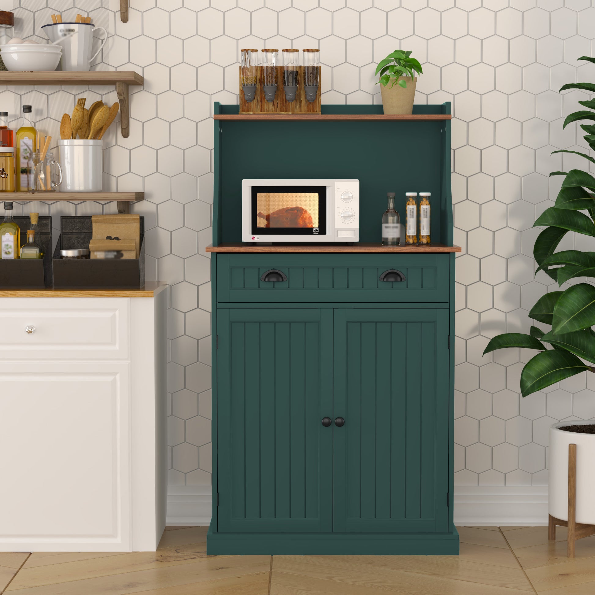HLR Farmhouse Kitchen Pantry Cabinet with Microwave Stand, 54" Coffee Bar Storage Cabinet, Green