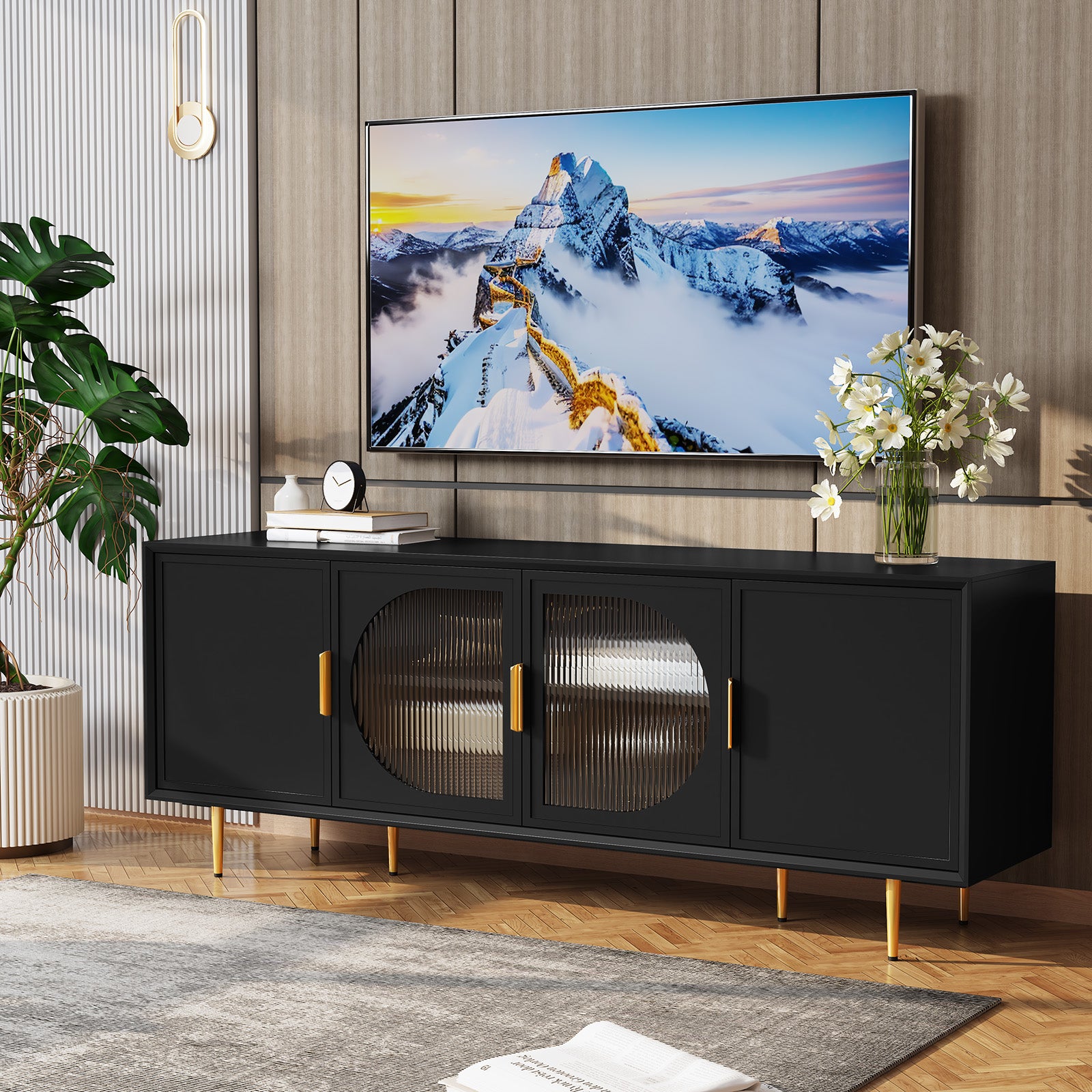HLR Modern 66" TV Stand, for TVs up to 75", Living Room Entertainment Center with Glass Storage Cabinet, Black
