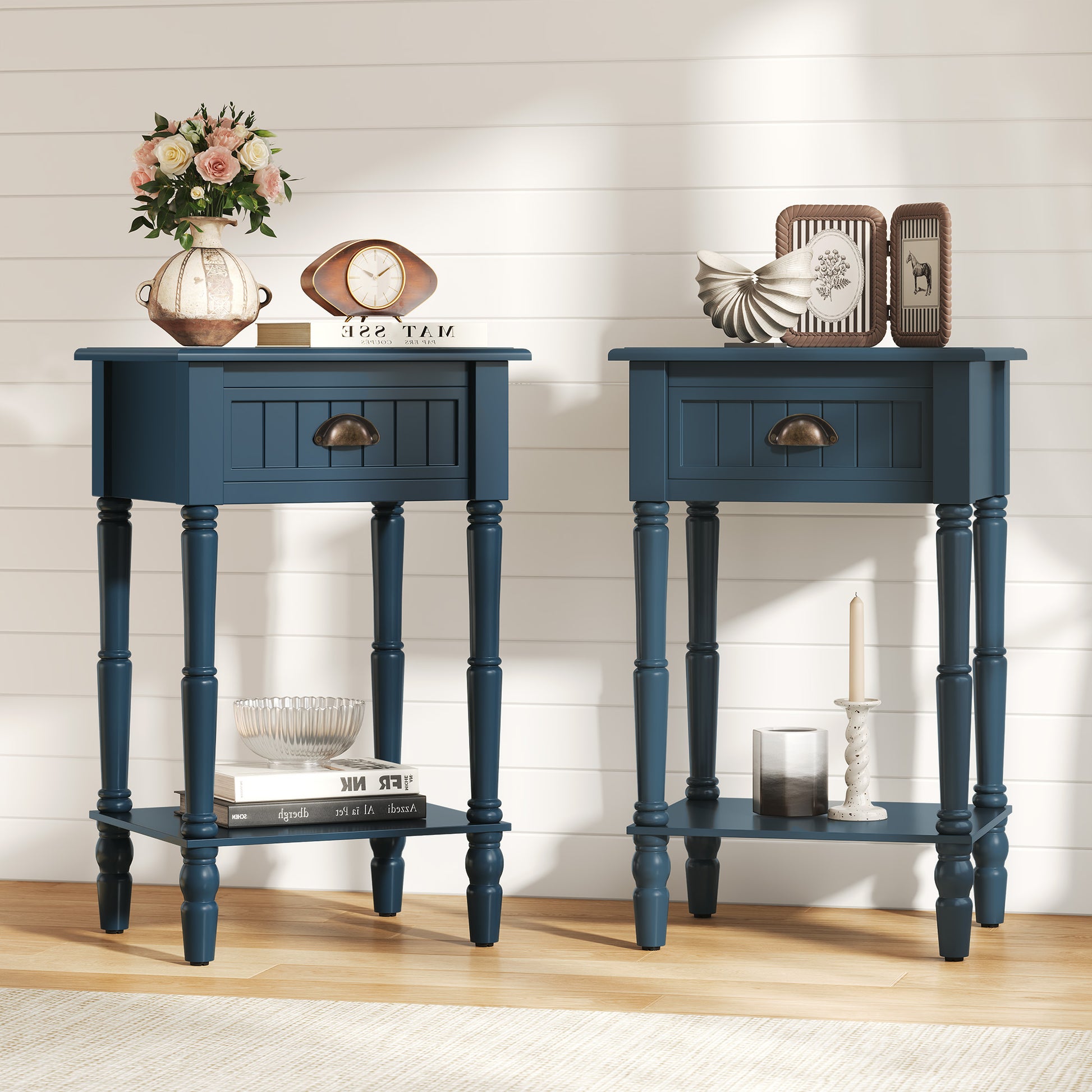 CBJCBJ 26.8"H Retro Nightstands Set of 2, Side Table with Drawers and Open Shelves, for Bedrooms and Sofas,Blue
