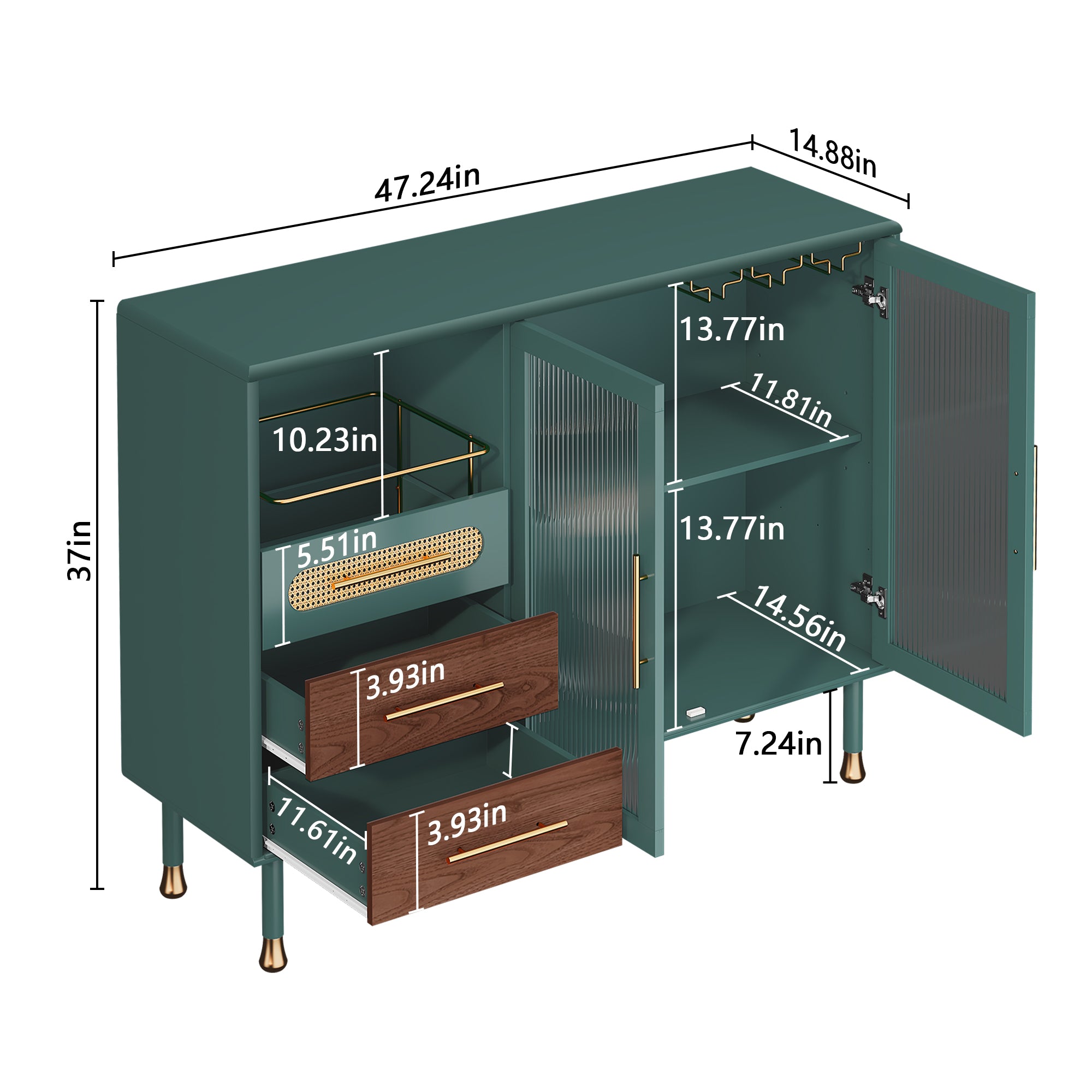 CBJCBJ 47” Coffee Bar Cabinet with Glass Rack, Modern Wine Bar Cabinet with Storage, for Dining Room, Green