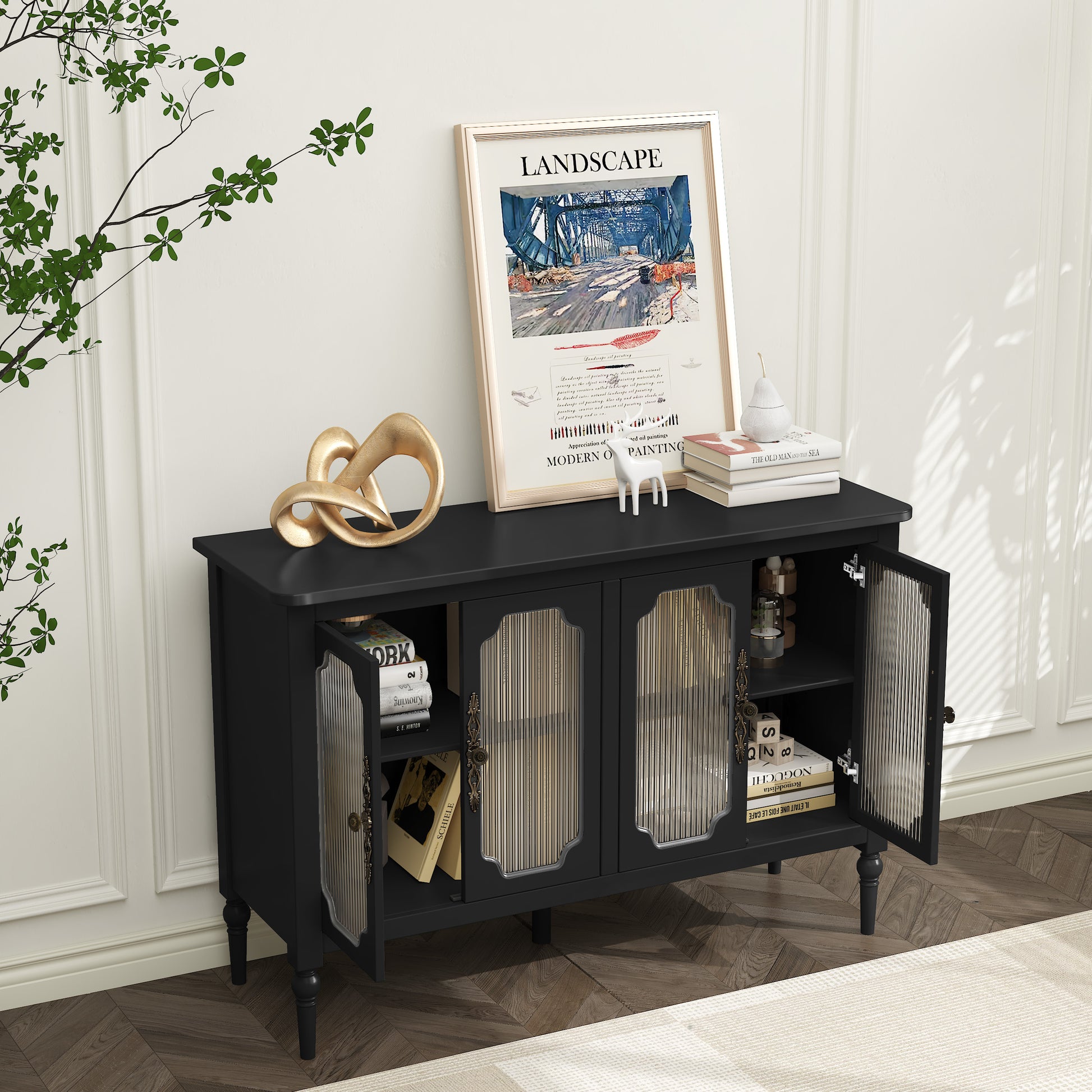 CBJCBJ Retro 47'' Wood Sideboard Buffet Cabinet,Storage Cabinet with Glass Doors for Living Dining & Bedroom (Black)