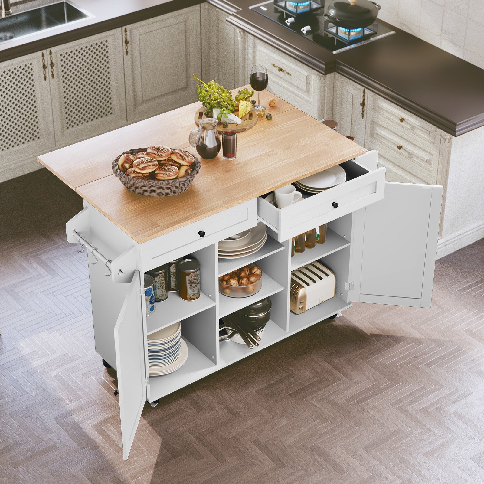 CBJCBJ 51.7" Rolling Kitchen Island Foldable, Adjustable Shelf & 2 Storage Doors - Mobile Kitchen Cart, Breakfast Bar with Storage (White)