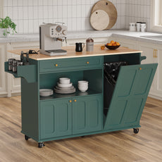 HLR Mid-Century 60" Kitchen Island with Trash Can Storage, Rolling Island Table, Green
