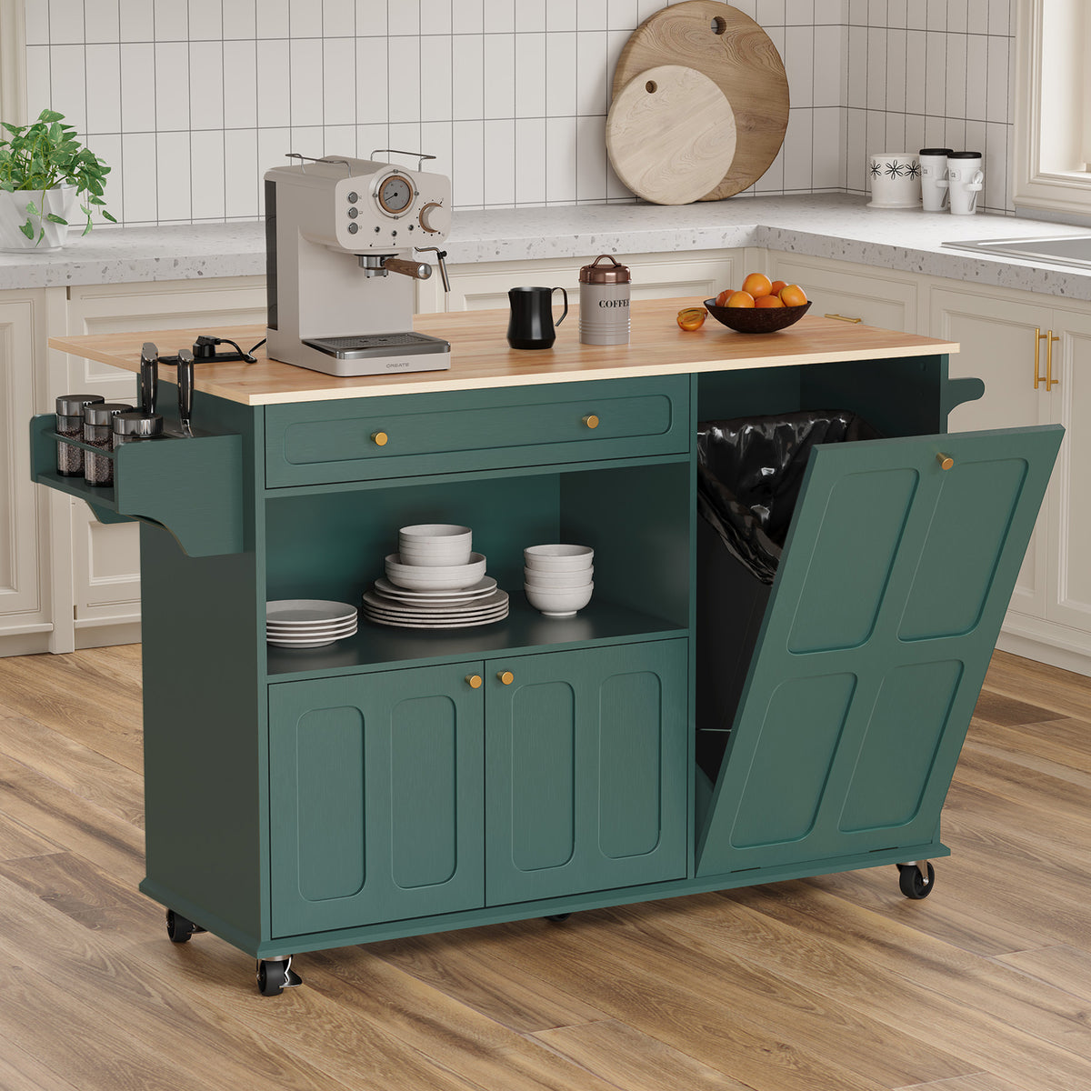 HLR Mid-Century 60" Kitchen Island with Trash Can Storage, Rolling Island Table, Green