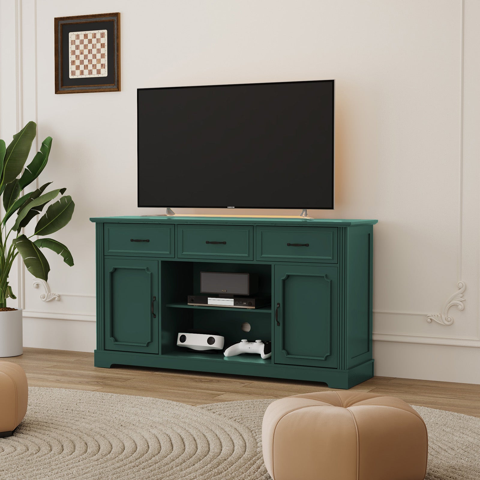 CBJCBJ 60.23" Farmhouse TV Console , 33" Tall Entertainment Center | Up to 65" & Larger TVs | Adjustable Shelf | 3 Drawers & Sliding Barn Doors(Green)
