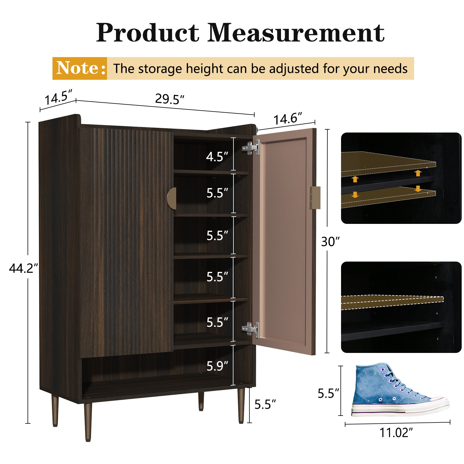 HLR Modern Wooden Shoe Storage Cabinet with 6-Tier Adjustable Shelves, Freestanding Shoe Organizer with Doors for Hallway, Brown