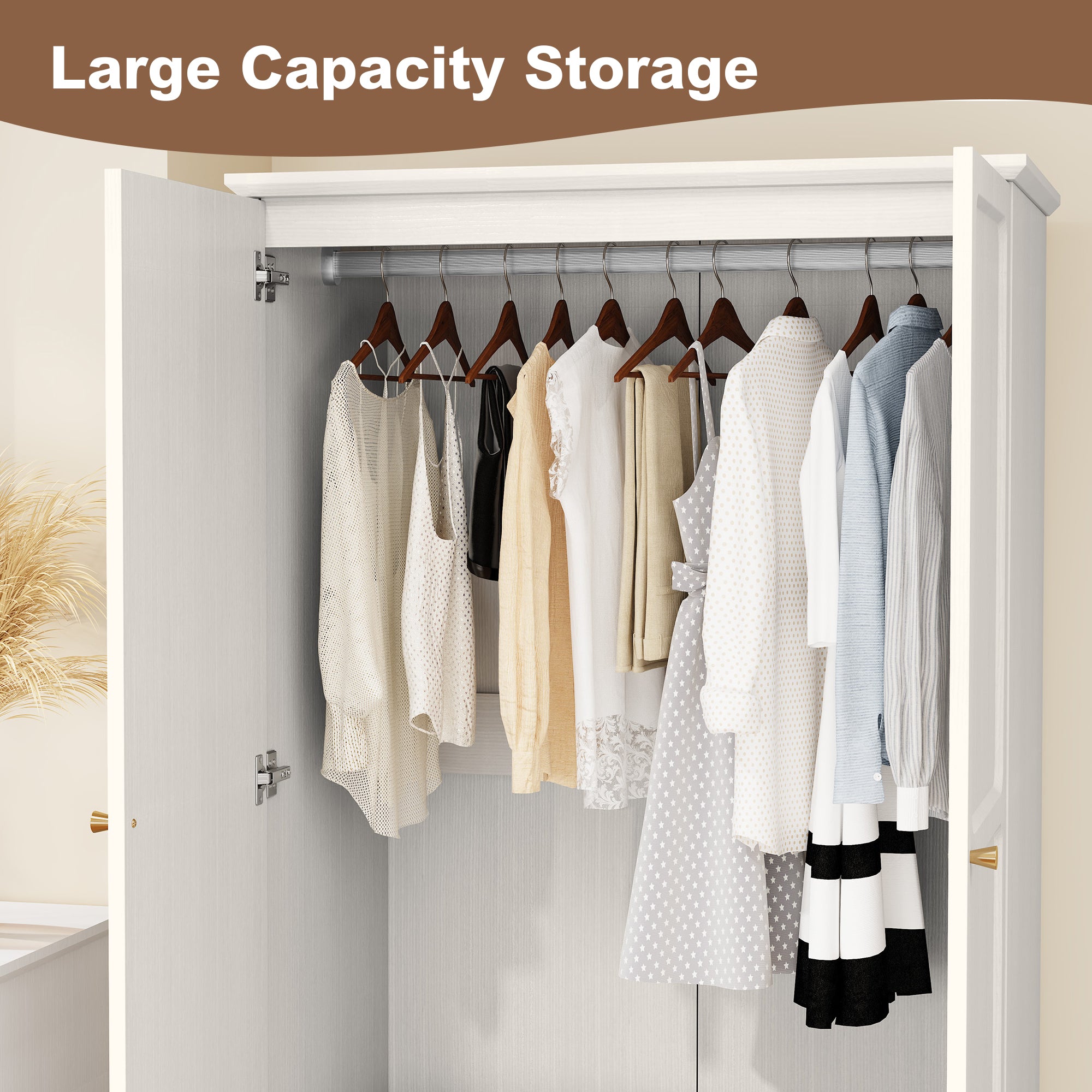 CBJCBJ 70"Mid-Century Wood Armoires Wardrobe Closet, Bedroom Clothing Storage Cabinet with Hanging Rail