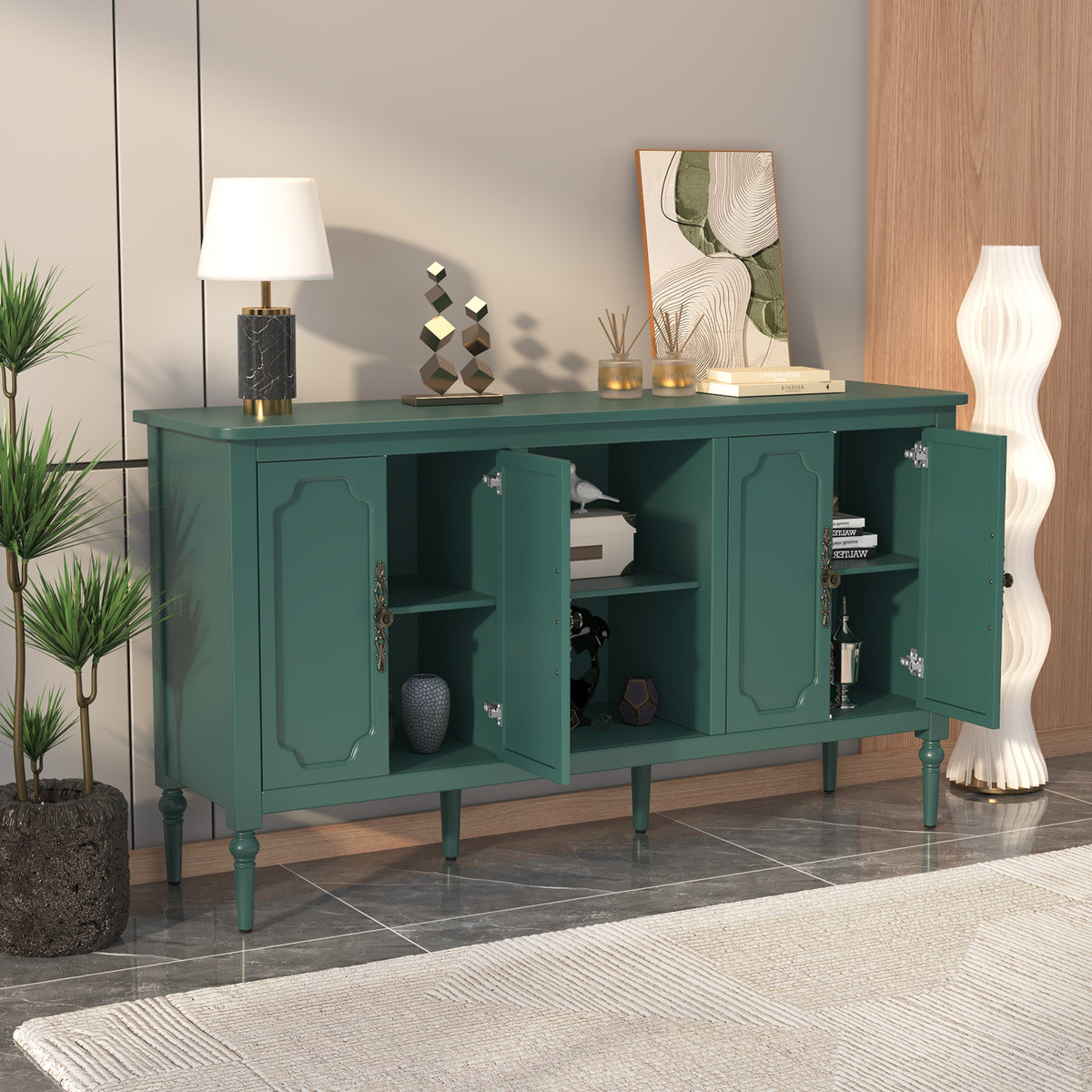 HLR 59" Mid Century Modern Storage Cabinet with Shelf, Vintage Large Sideboard Buffet Cabinet with 4 Doors, Green