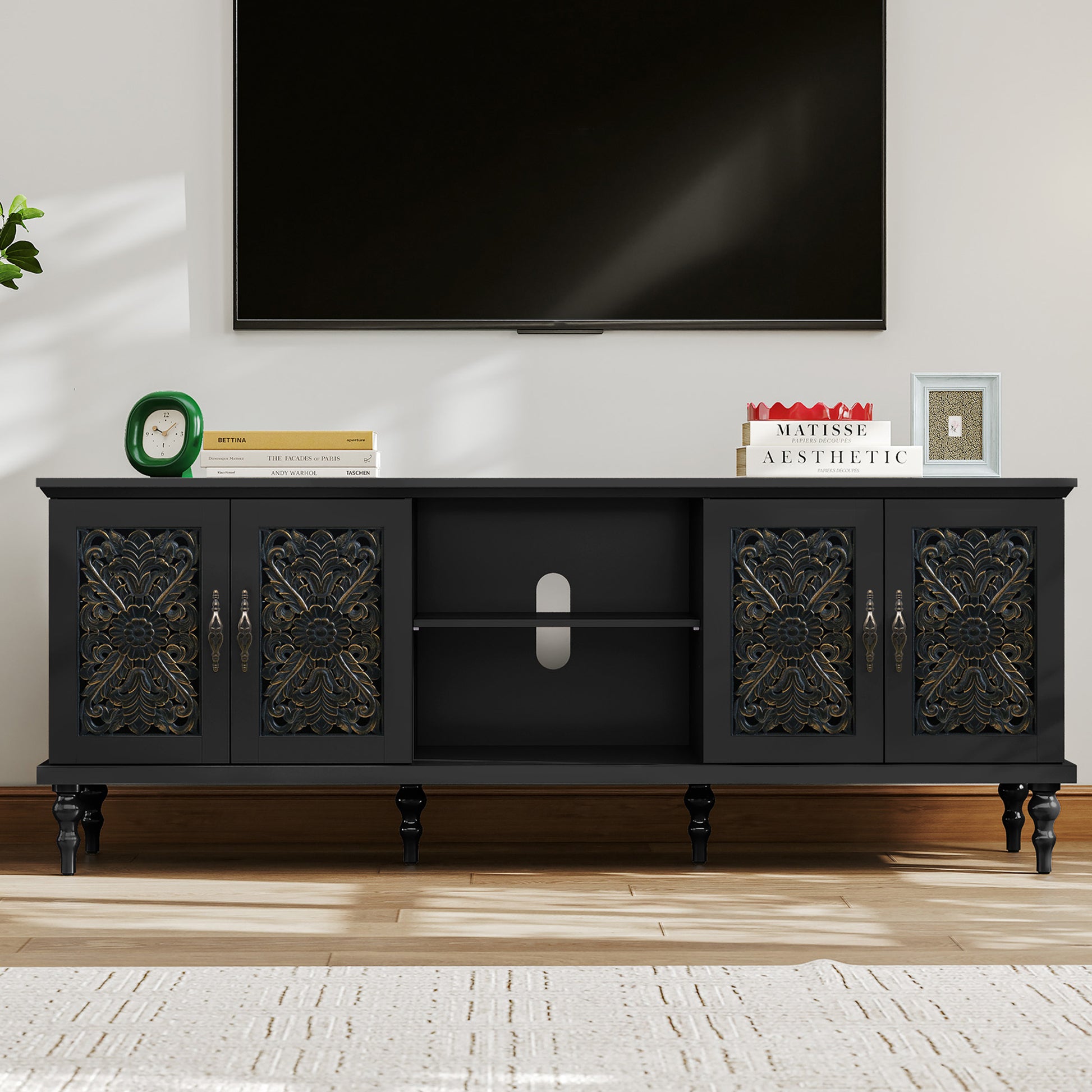 HLR Retro 67" TV Stand, for TVs up to 75", Living Room Entertainment Center with Carved Storage Cabinet, Black
