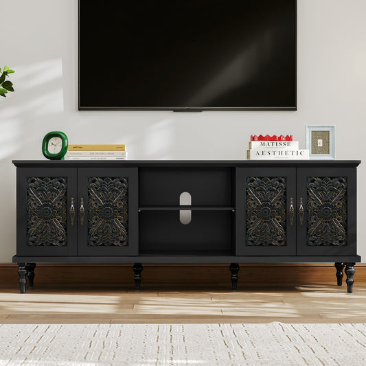 HLR Retro 67" TV Stand, for TVs up to 75", Living Room Entertainment Center with Carved Storage Cabinet, Black