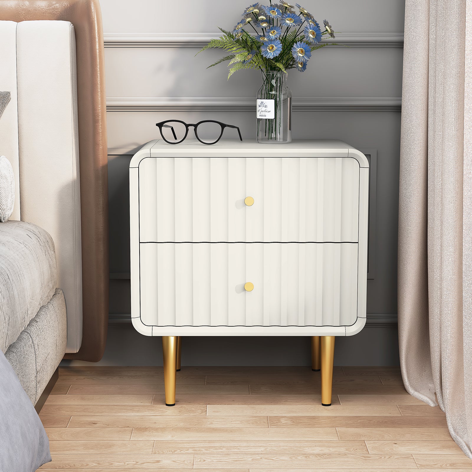 HLR 20" Modern Fluted White Nightstand Set of 2, Wood Bedside Table with 2 Drawers & Gold Metal Handles