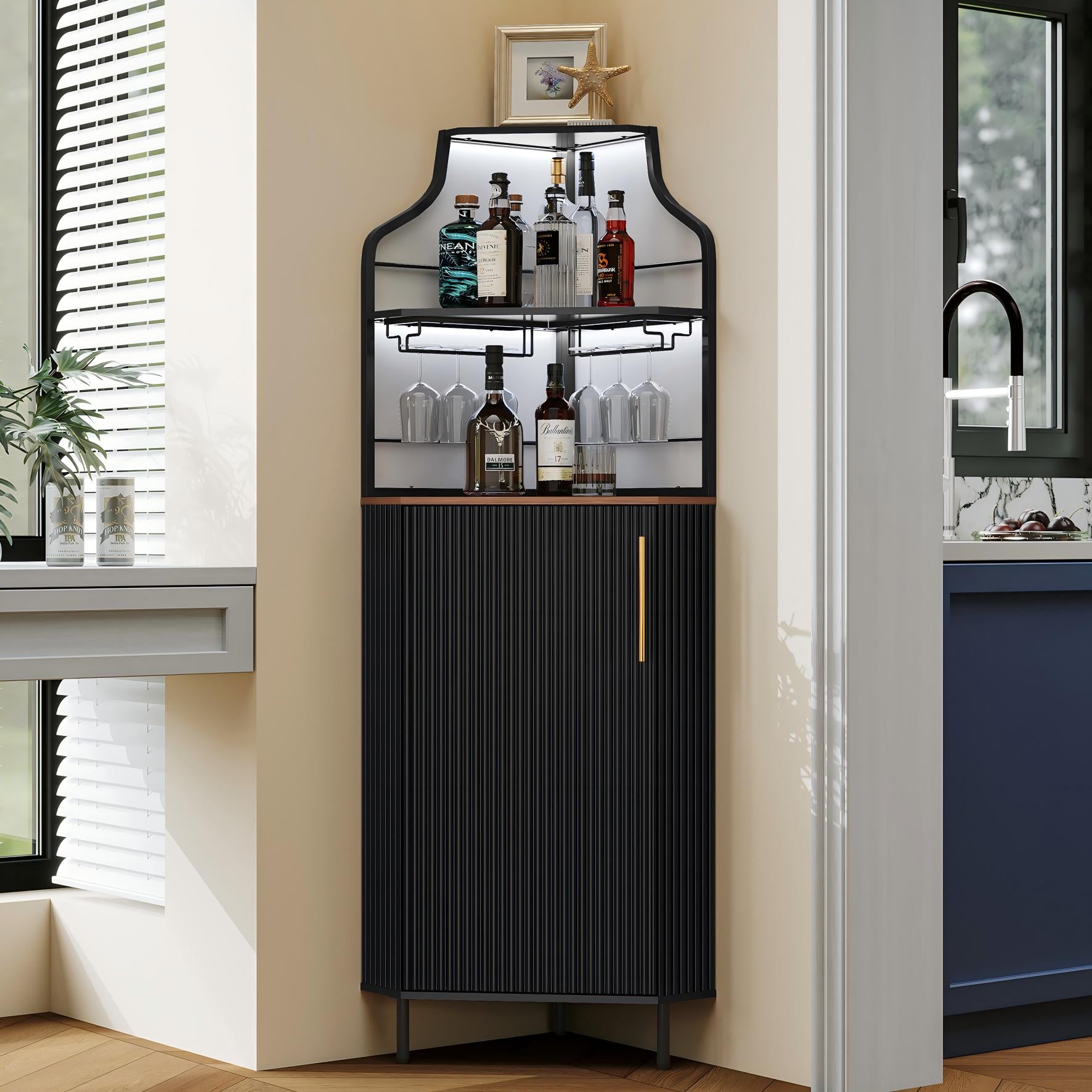 CBJCBJ Corner Coffee Bar Cabinet with LED Strip, Modern Wine Bar Cabinet with Cup Rack, for Dining Room
